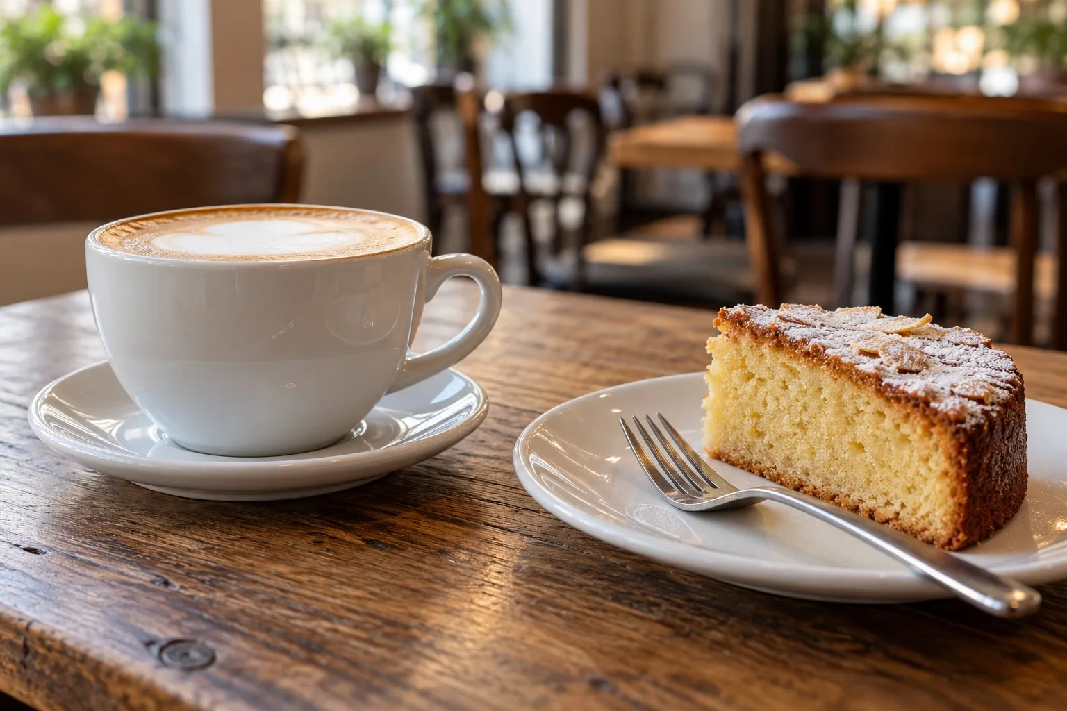 Cappuccino und ein Stück Kuchen auf einem Holztisch im Café.
